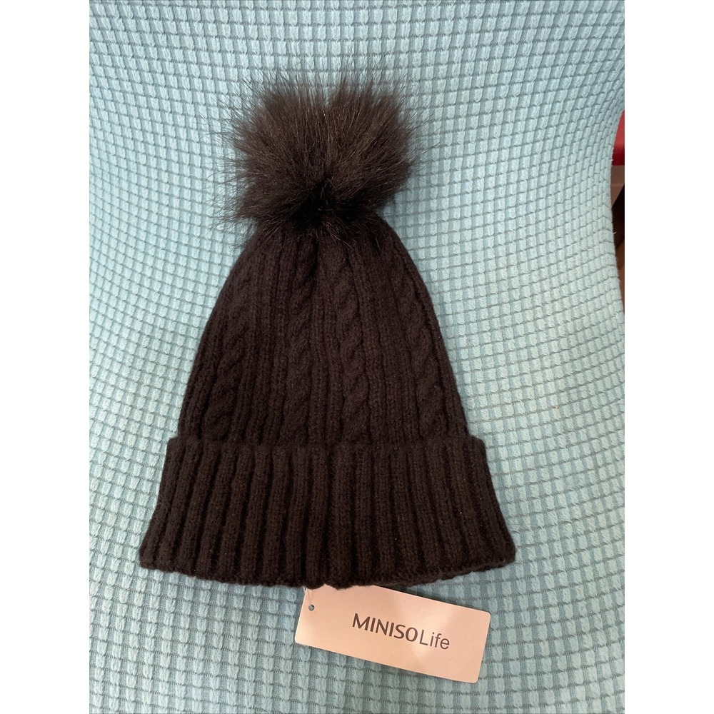 Miniso Warm Winter Black Knit Beanie With Puff Ball